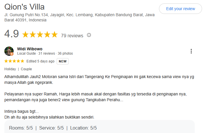 Google Review Qion's Villa