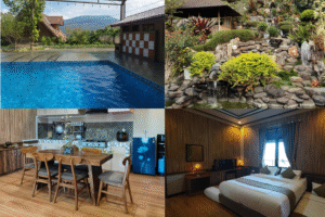 Fasilitas villa yang lengkap dengan kolam renang, taman estetik, dapur, dan kamar yang nyaman
