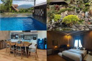 Fasilitas villa yang lengkap kolam, taman estetik, dapur, dan kamar yang nyaman