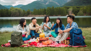Piknik dengan pemandangan gunung yang menyenangkan