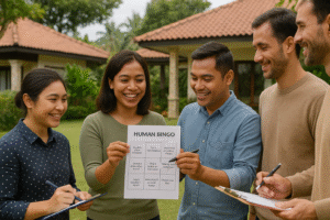 Ilustrasi permainan human bingo untuk ice breaking gathering kantor