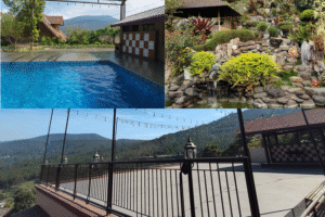 Kolam renang, gazebo di taman dan teras luas nyaman untuk gathering di villa