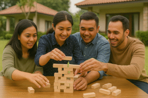 Tim menyusun puzzle dari balok kayu untuk mengasah problem solving