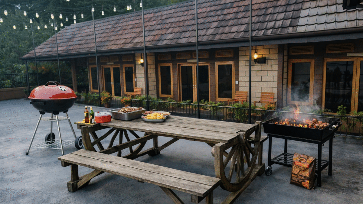 Alat BBQ dan teras luas yang nyaman