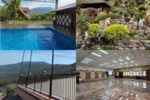 Villa luas dengan aula, teras, kolam renang, dan taman estetik