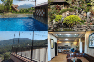 Villa luas dengan teras, kolam renang, dapur, dan taman estetik