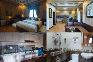 Fasilitas villa dengan dapur, air panas, ruang kumpul luas dan kamar nyaman untuk keluarga