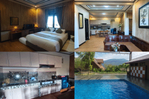 Fasilitas villa dengan dapur, air panas, ruang kumpul luas, kolam renang dan kamar nyaman